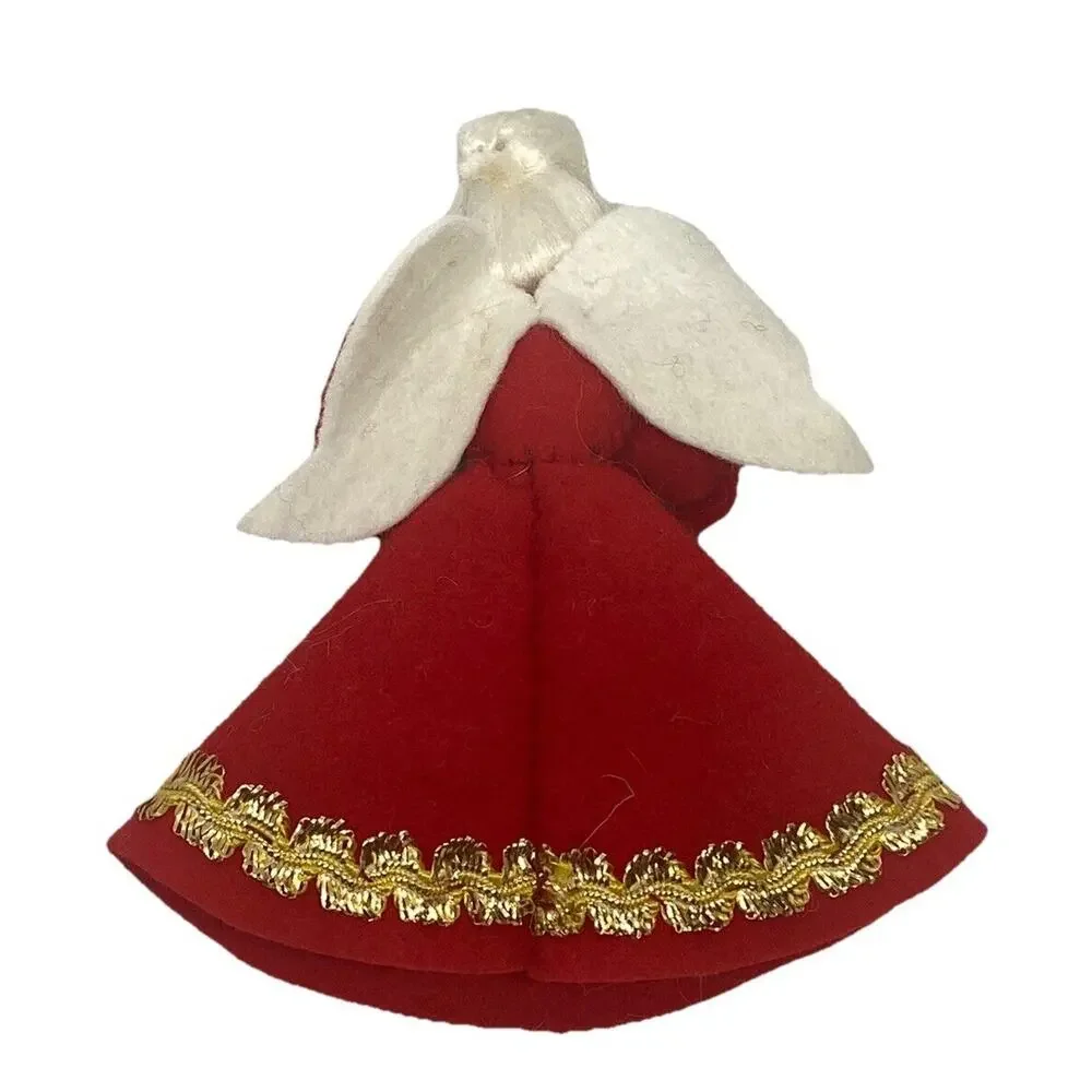 Vintage Christmas Angel 4 7/8” Figure Felt Red White Gold Wings Drum Decor